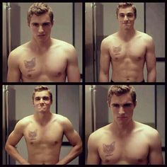 four pictures of a man with no shirt on, showing different angles of his chest