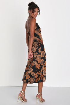 Make the most of any elegant evening by wearing a sensational look like the Lulus Favorite Icon Black Floral Satin Cowl Neck Slip Midi Dress! Luxe woven satin boasts a unique, vintage-inspired floral print throughout as it shapes a sleeveless bodice with a draping cowl neckline and adjustable spaghetti straps. The sexy, slip-style silhouette will effortlessly flatter your figure as it continues down to a sophisticated midi hem. Hidden back zipper/clasp. Fit: This garment fits true to size. Lengt Fall Time Outfits, October Wedding Dresses, Floral Satin Dress, Slip Midi Dress, Black Floral Dress, Fall Wedding Guest Dress, Lulu Fashion, Wedding Guest Dresses, Cowl Neckline