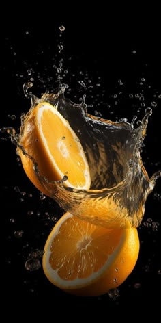 an orange being dropped into the water with splashing on it's side and two slices cut in half