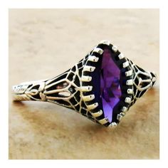 Vintage Estate Deep Purple Lab-Created Marquise Cut Amethyst Solitaire Filigree Ring. 925 Solid Sterling Silver. Stamped 925. Excellent Condition/Like New. Amethyst Gem, Purple Band, Filigree Ring, Marquise Cut, Solitaire Ring, Deep Purple, Beautiful Rings, Silver Fashion, Lab