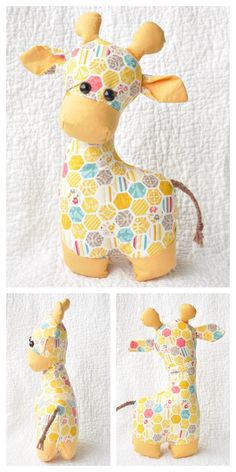 the stuffed giraffe is made from fabric and has different patterns on it's body