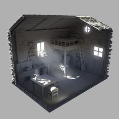 a model of a house with furniture and windows