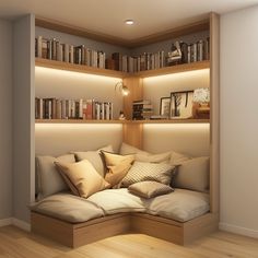 a couch with many pillows in front of a bookshelf filled with lots of books