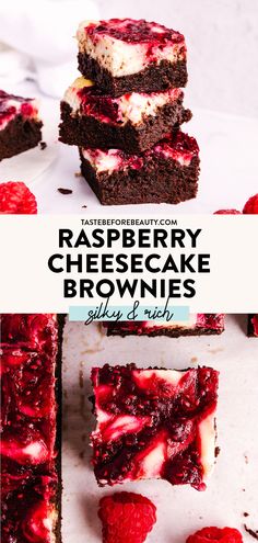 raspberry cheesecake brownies are stacked on top of each other with the text overlay