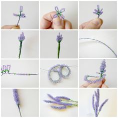 there are many different pictures of lavender flowers being made with beads and string, including the letter o