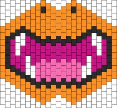 an orange and pink bead pattern with white dots on it's face, in the shape of a smile