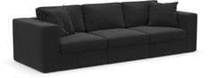 a black couch with four pillows on it's back and one arm facing the camera