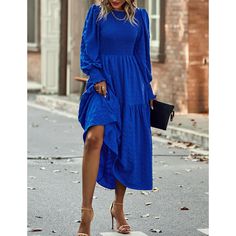 Royal Blue Puff Sleeve Pleated Swing Long Dress Blue Long Sleeve Puff Sleeve Dress For Brunch, Chic Blue Long Sleeve Puff Dress, Fall Puff Sleeve Dress In Solid Color, Blue Puff Sleeve Midi Dress For Fall, Blue Long Sleeve Puff Sleeve Dress For Party, Blue Lantern Sleeve Dress For Fall, Chic Long Sleeve Puff Sleeve Dress In Solid Color, Blue Ruffle Hem Dress For Fall, Fall Midi Dress With Puff Sleeves In Solid Color