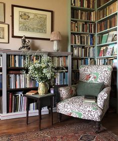 a living room filled with lots of books and furniture next to a tall bookcase