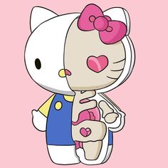 a hello kitty holding a cell phone on a pink background