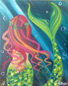 a painting of a mermaid with long pink hair and green tail standing in the water