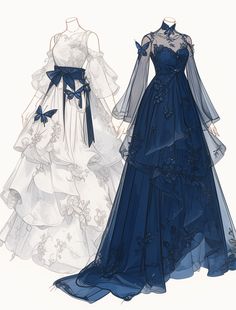 Anime Dress Design Beautiful, Manwha Gowns, Manhwa Ball Gown, Anime Lace Dress Drawing, Blue Fantasy Dress Drawing