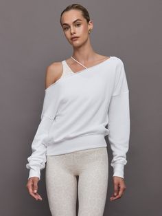 Off Shoulder Sweatshirt in French Terry - White Sporty Tops For Spring Lounging, Sporty French Terry Tops For Spring, White Athleisure Tops For Lounging, Fall Drop Shoulder Top For Lounging, Versatile Tops For Lounging In Fall, White Oversized Sweatshirt For Lounging, White Top For Lounging In Fall, Everyday French Terry Athleisure Sweatshirt, White French Terry Athleisure Top