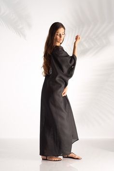 "Black Linen Dress, Plus Size Linen, Caftan Lounge Dress ♛ All of Rosche's pieces are created with the sole purpose that YOU feel beautiful! Enjoy unique details in combination with high-quality materials every day and make an statement every place you go! ♛ Perfect for every occasion! ♛ Materials & Care: Linen ♛ Delivery: Ready to ship in 3-5 business days. I ship all my pieces express! Express shipping estimates: * USA & Canada ~ 2-3 business days * EU ~ 2-3 business days * Australia, Elegant Beach Cover-up Dresses With Kimono Sleeves, Black Maxi Length Kimono For Spring, Spring Black Maxi-length Kimono, Elegant Tunic Dress For Beach Cover-up, Black Maxi Length Kimono, Black Maxi Dress With Kimono Sleeves For Summer, Black Summer Dresses With Kimono Sleeves, Black Long Sleeve Maxi Dress For Beach, Long Sleeve Black Maxi Dress For Beach