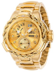 This Invicta watch from the SHAQ collection holds a Quartz movement as well as 0.1764 carats of diamonds, and it features a sturdy Gold case. On its face you can find a Gold, White, Metal dial covered by a durable Flame Fusion Crystal. This style is finished by a reliable Gold Tone, Stainless Steel band, and it offers 500m. water resistance.Imparting a formidable aesthetic, the Invicta Shaq collection embodies the attributes and energy of the world-renowned Shaquille O’Neal. Having selected key Diamond Chronograph Watch With Round Dial, Gold Diamond Watch With Metal Round Dial, Yellow Gold Diamond Watch With Subdials, Gold Chronograph Watch With Diamond Hour Markers For Anniversary, Gold Chronograph Watch With Diamond Hour Markers, Gold Diamond Chronograph Watch, Gold Diamond Watch With Chronograph, Gold Diamond Watch With Chronometer And Round Dial, Gold Diamond Watch With Chronometer