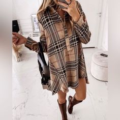 Women’s Plaid Khaki Long Sleeve Casual Shirt Dress By Chicme New Sz M This Didn’t Come With Tags, It’s Tools Months To Arrive By The Time It Did, It’s Too Large For My Wife. Fall Plaid Dress, Kimono Coat, Plaid Outfits, Dress Women Elegant, Fall Plaid, Plaid Dress Shirt, Winter Dress, Long Sleeve Plaid Shirt, Linnet