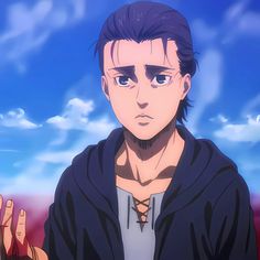 an anime character holding his hand up in front of the camera, with clouds and blue sky behind him