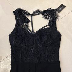 I Jumpsuit With Lace Top. Zip Up Back. Black Sleeveless Jumpsuits And Rompers With Lined Body, Black Sleeveless Lined Jumpsuits And Rompers, Black Sleeveless Jumpsuit Or Romper With Lined Body, Elegant Black Jumpsuits And Rompers With Lined Body, Black Jumpsuits And Rompers For Night Out, Black Jumpsuits And Rompers With Lined Body For Party, Black Sleeveless Jumpsuit With Lined Body, Black Lined Jumpsuits And Rompers For Party, Black Jumpsuit With Lined Body For Party