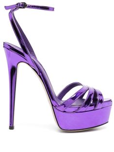 violet purple calf leather/goatskin patent finish metallic effect multi-way strap design branded footbed open toe buckle-fastening ankle strap 40mm platform sole 140mm stiletto heel Luxury Purple Open Heel Heels, Luxury Purple Open Toe Sandals, Purple Open Heel Heels With Buckle Closure, Luxury Purple Evening Sandals, Luxury Purple Sandals With Open Heel, Luxury Purple Heels With Heel Strap, Purple Patent Leather Party Heels, Purple Patent Leather Heels For Party, Purple Party Sandals With Buckle Closure