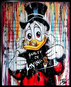 a painting of a duck wearing a top hat and holding a sign that says pollity is dying