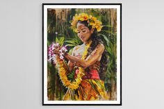 a painting of a woman with flowers in her hair and holding a flower lei, on a white wall