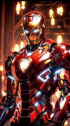 an iron man standing in the middle of a room with many lights on his chest