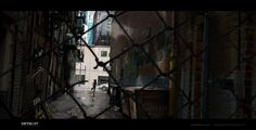 an alleyway with graffiti on the walls and people walking in the distance behind a chain link fence