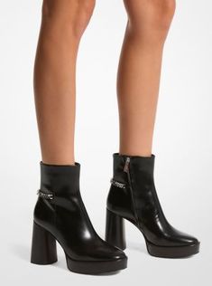 The Carlisle platform boot balances ’70s flair with modern polish. Designed to sit slightly above the ankle, this leather pair features a 4.25” stacked heel that’s balanced by a 1.25” front platform for soaring height with ease of wear. Keep the high-shine hardware in focus with mini hemlines. Trendy Heeled Boots With Lug Sole For Party, Spring Party Platform Boots With Lug Sole, High Ankle Platform Heeled Boots, Chic Chunky Platform High Heel Boots, Trendy Stacked Heel Boots For Evening, Chic Ankle-high Platform Boots With Chunky Platform, Chic Chunky Platform Boots, Party High Heeled Boots With Lug Sole, Trendy Heeled Boots With Sculpted Heel And Round Toe