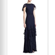 Halston Flutter Cap-Sleeve Georgette Gown With Dramatic Flounce Skirt Nwt Size 4 Royal Blue Midi Dress, Striped Tee Dress, Halston Dress, Georgette Gown, Flora Dress, Jersey Wrap Dress, Flounce Skirt, Jersey Knit Dress, Long Sleeve Wrap Dress