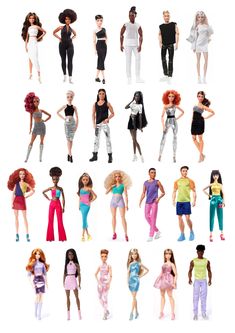 a group of barbie dolls standing next to each other on a white background in different poses