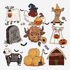 halloween clipart set with farm animals and pumpkins