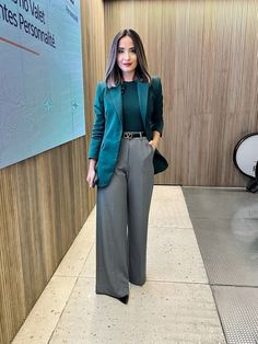 Grey And Green Outfit Ideas, Classic Cowboy Boots, Statement Belts, Express Outfits, Cute Professional Outfits, Classic Cowboy, Grey Slacks, Stylish Fall Outfits