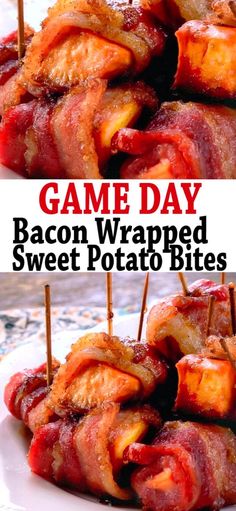 bacon wrapped sweet potato bites on a white plate with the title game day bacon wrapped sweet potato bites