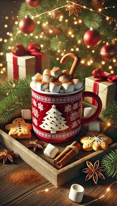 a christmas mug filled with cookies and marshmallows