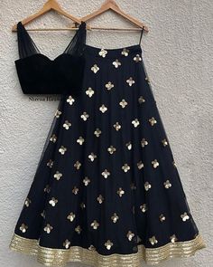 Gold Lehenga Skirt, Black And Gold Lehenga, Scallop Dupatta, Black Velvet Blouse, Sequins Skirt, Gold Sequin Skirt, Gold Lehenga, Mirror Work Blouse, Black Lehenga