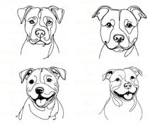 four different types of dogs with their faces drawn in black and white, including one dog's head