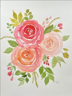 watercolor painting of pink roses with green leaves