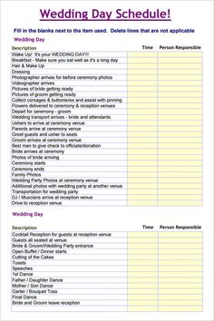 the wedding day schedule is shown in this printable form, and includes information for each guest