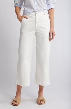 Bring back a bit of the '70s in cotton pants cut with groovy wide legs. Zip fly with button closure Front slant pockets 100% cotton Machine wash, tumble dry Made in the USA of imported fabric White Cotton Wide Leg Pants With Five Pockets, Cotton High-waisted Flare Jeans For Work, Cotton Cropped Wide Leg Pants With Five Pockets, Spring Cotton Wide Leg Pants With Five Pockets, Cotton Wide Leg Pants With Five Pockets For Spring, Cropped Cotton Wide Leg Pants With Five Pockets, Cropped Wide Leg Cotton Pants With Five Pockets, Retro Cotton Flare Jeans With Relaxed Fit, Spring High-waisted Wide Leg Cotton Pants