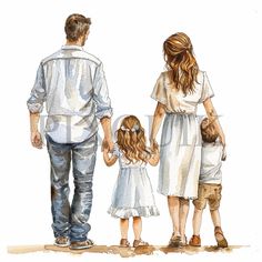 a watercolor painting of a man and two children holding hands while walking down the street