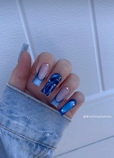 Square Long Nails, Blue Nails Acrylic, Summer Blue Nails, Long Nails Acrylic, Blue French Tip, Hippie Nails, Blue French, Sparkle Nails