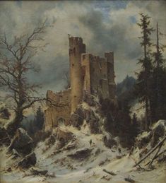 an old painting of a castle in the snow