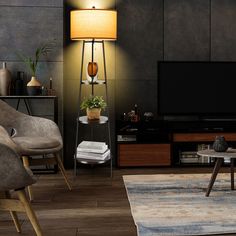 a living room filled with furniture and a flat screen tv on top of a wooden table