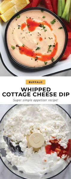 the ingredients to make buffalo cheese dip are shown in separate bowls, including celery and red peppers