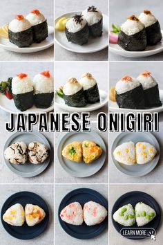 there are many different types of sushi on the plates with words above them that read, japanese onigiri