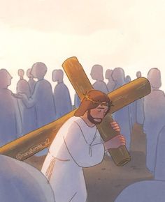 jesus carrying the cross with words above him