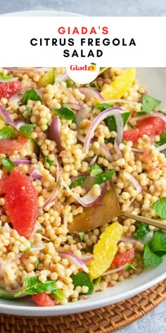 a close up of a plate of food on a table with text overlay that reads glada's citrusfrog salad