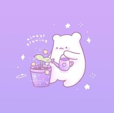 a cartoon bear holding a cup with a plant in it