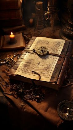 an old book with a pocket watch on top of it next to some other items