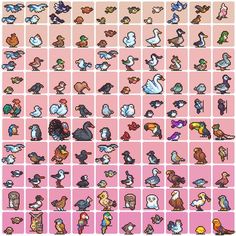 the different types of birds and other animals in pixellated style, all on pink background